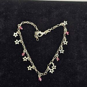 Sterling Silver Star Charm Bracelet Anklet Pink Crystal Dangle 4.88g Adjustable